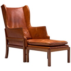 Mogens Koch Wingback Lounge Chair in Mahogany and Cognac Leather