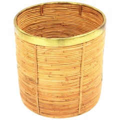 Large Midcentury Gabriella Crespi Style Brass and Rattan Bamboo Round Planter