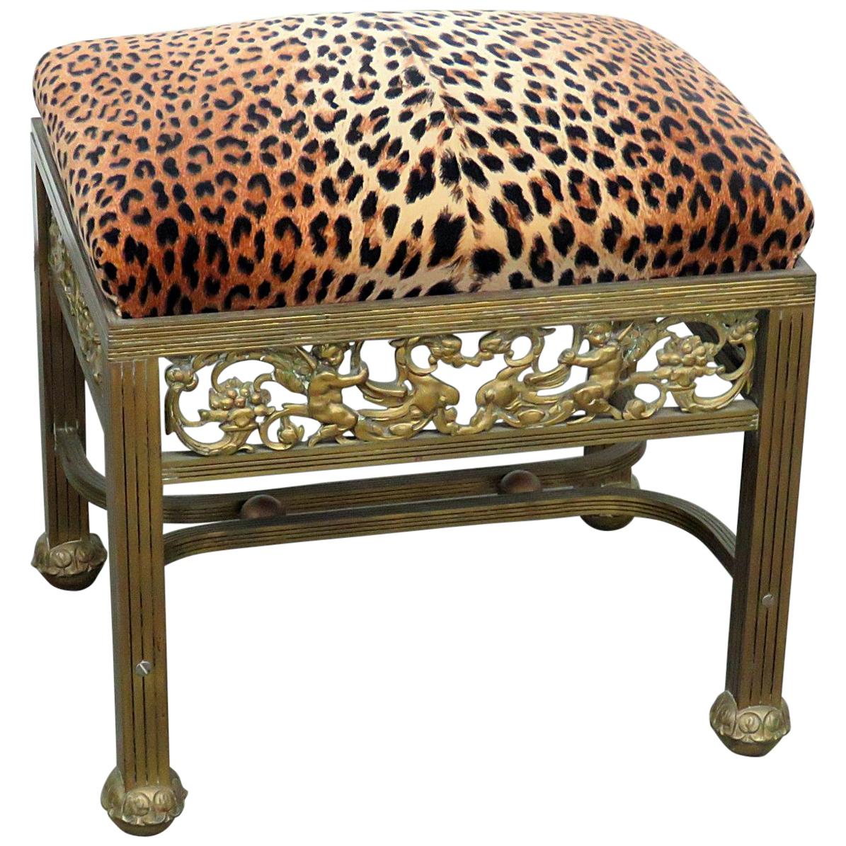 Cast Griffin French Regency Leopard Upholstered Foot Stool C1900