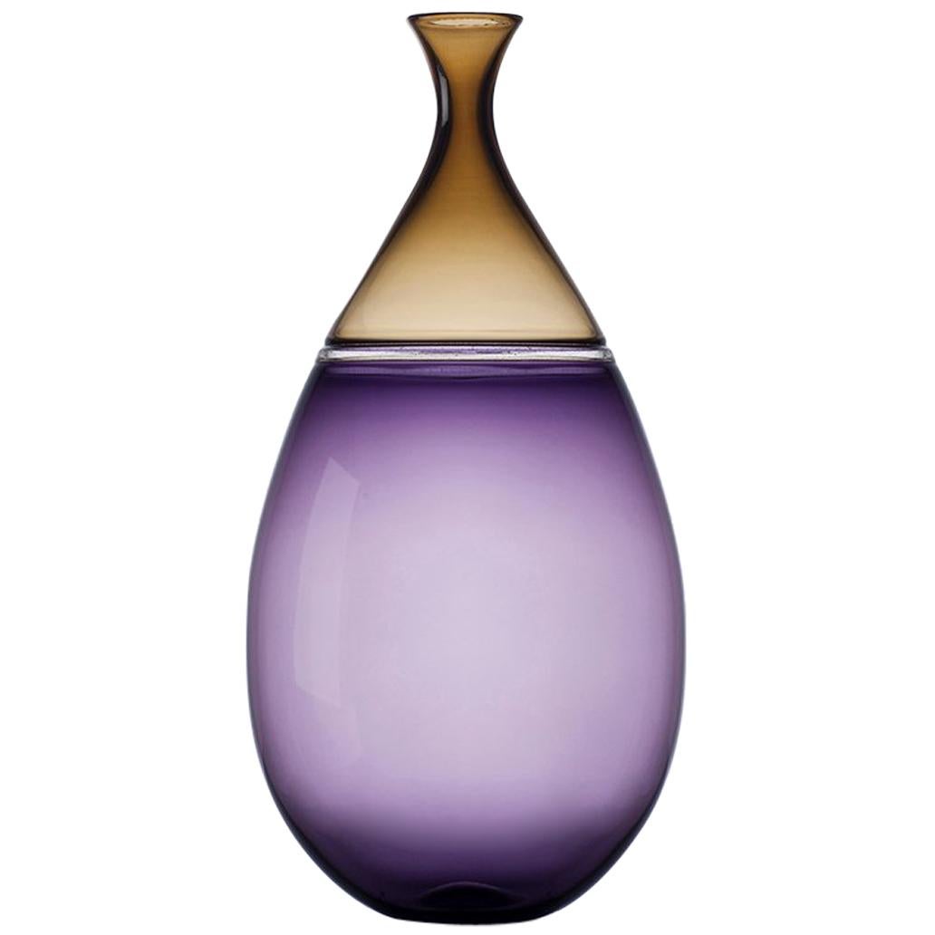 Colored Round Glass Bottle with Gold Stopper, Hand Blown Vase by Vetro