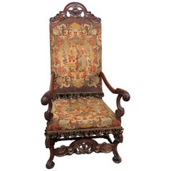 Tall Carved Walnut Victorian Courtship Scene Tapestry Throne Chair