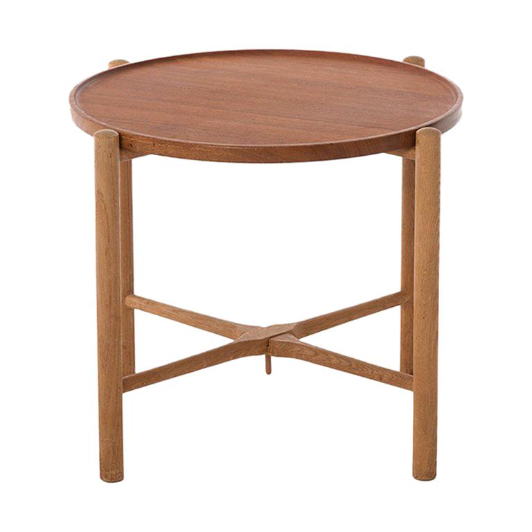 Danish Modern Teak and Oak Round Side Table by Hans J Wegner