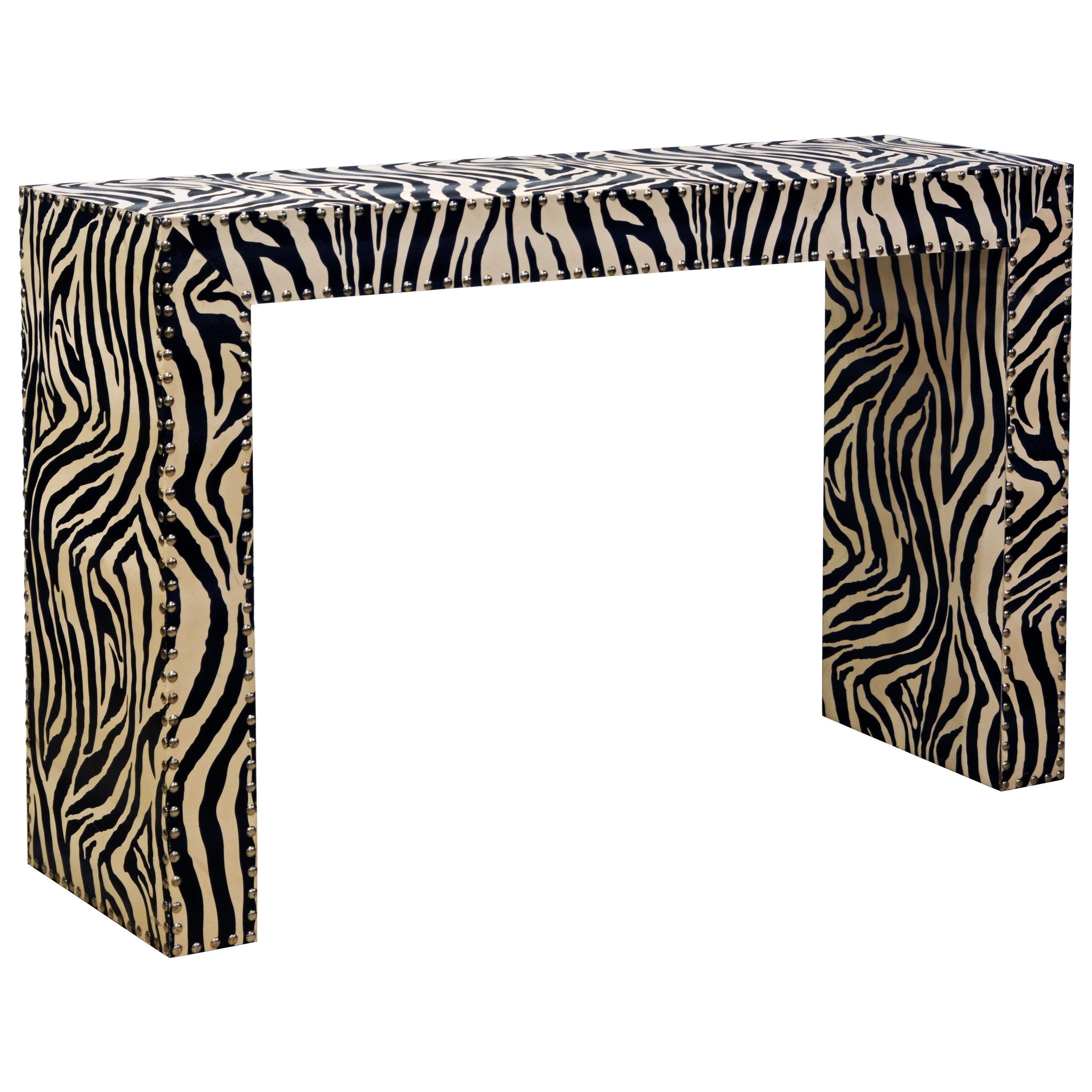 Custom Made Mid-Century Modern Console Table with Nailhead Trimmed Zebra Print