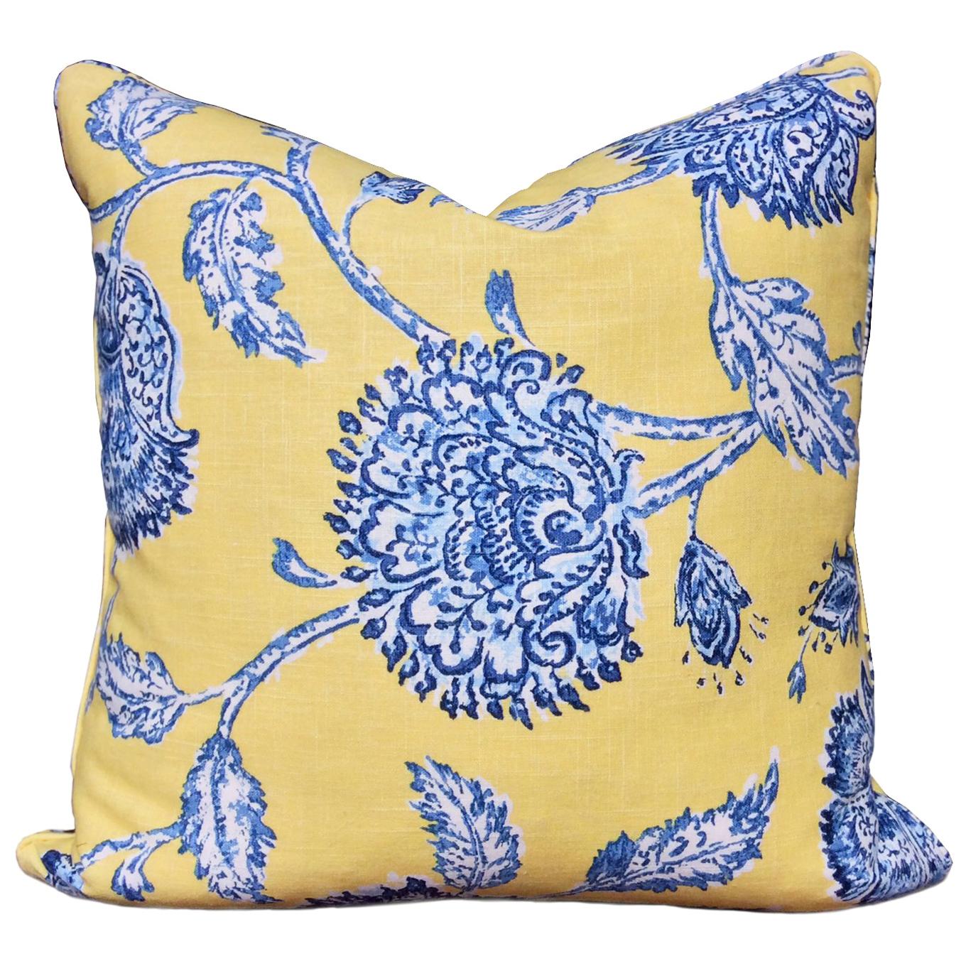 Custom Made Square Yellow and Blue Floral Pillow
