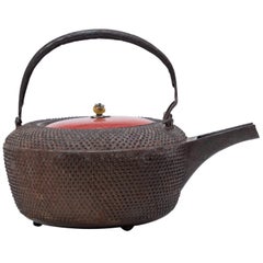 Japanese Iron Tetsubin with Red Lacquer Lid, c. 1900