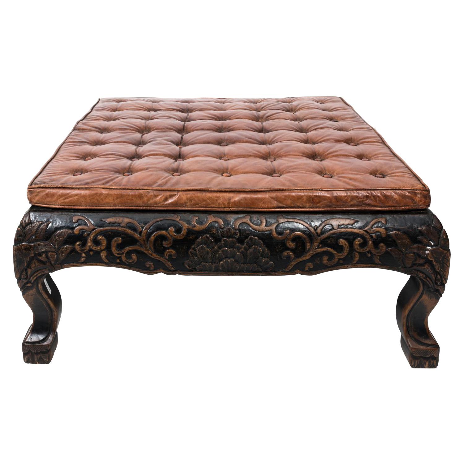 Carved Leather Tufted Ottoman