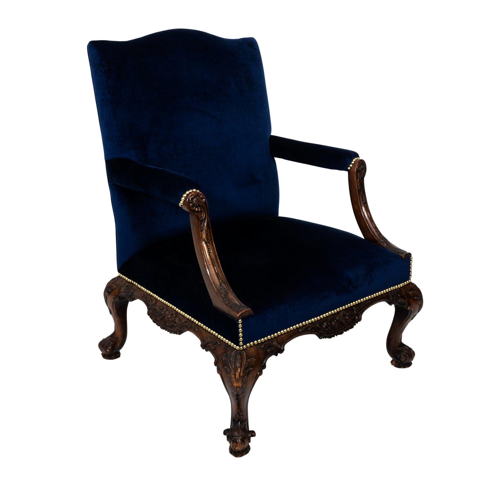 19th Century English Blue Velvet Upholstered Library Chair