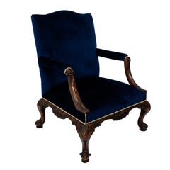 19th Century English Blue Velvet Upholstered Library Chair