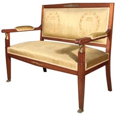 Antique 19th Century French Mahogany and Brass Inlaid Empire Style Two-Seat Salon Sofa