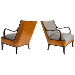 Erik Chambert Swedish Art Deco Pair of Lounge Chairs with Flame Birch Veneer