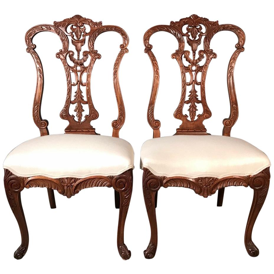 Pair of 19th Century Carved Side or Hall Chairs in Walnut with Linen Upholstery