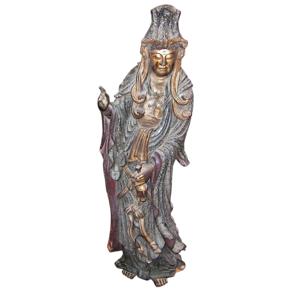 19 Century Asian Wooden Carved, Painted and Gilded Guanyin Statue For Sale