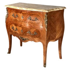 French Louis XV Style Bombe Marquetry Commode with Marble Top and Brass Mounts