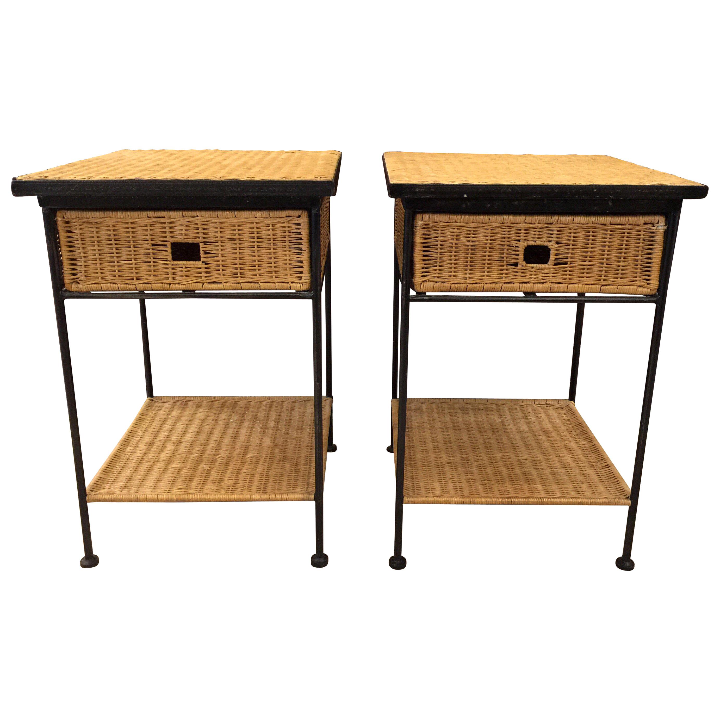 Iron and Wicker Sidetables in the Style of Paul McCobb