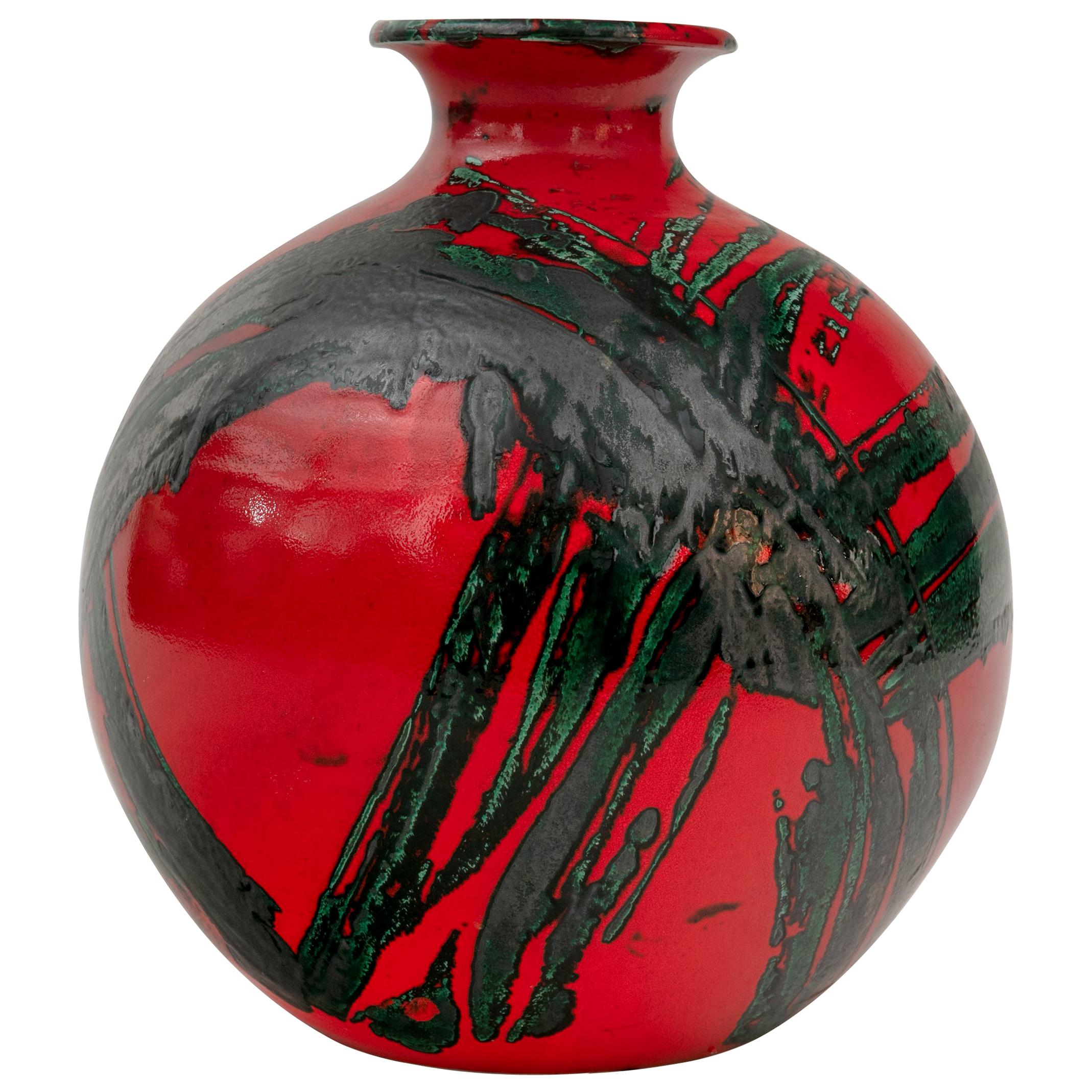 Large Ceramic Midcentury Bulbous Red Vase, Italy 1960s