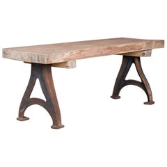 Antique Rustic Wood Console Table with Industrial Cast Iron Legs