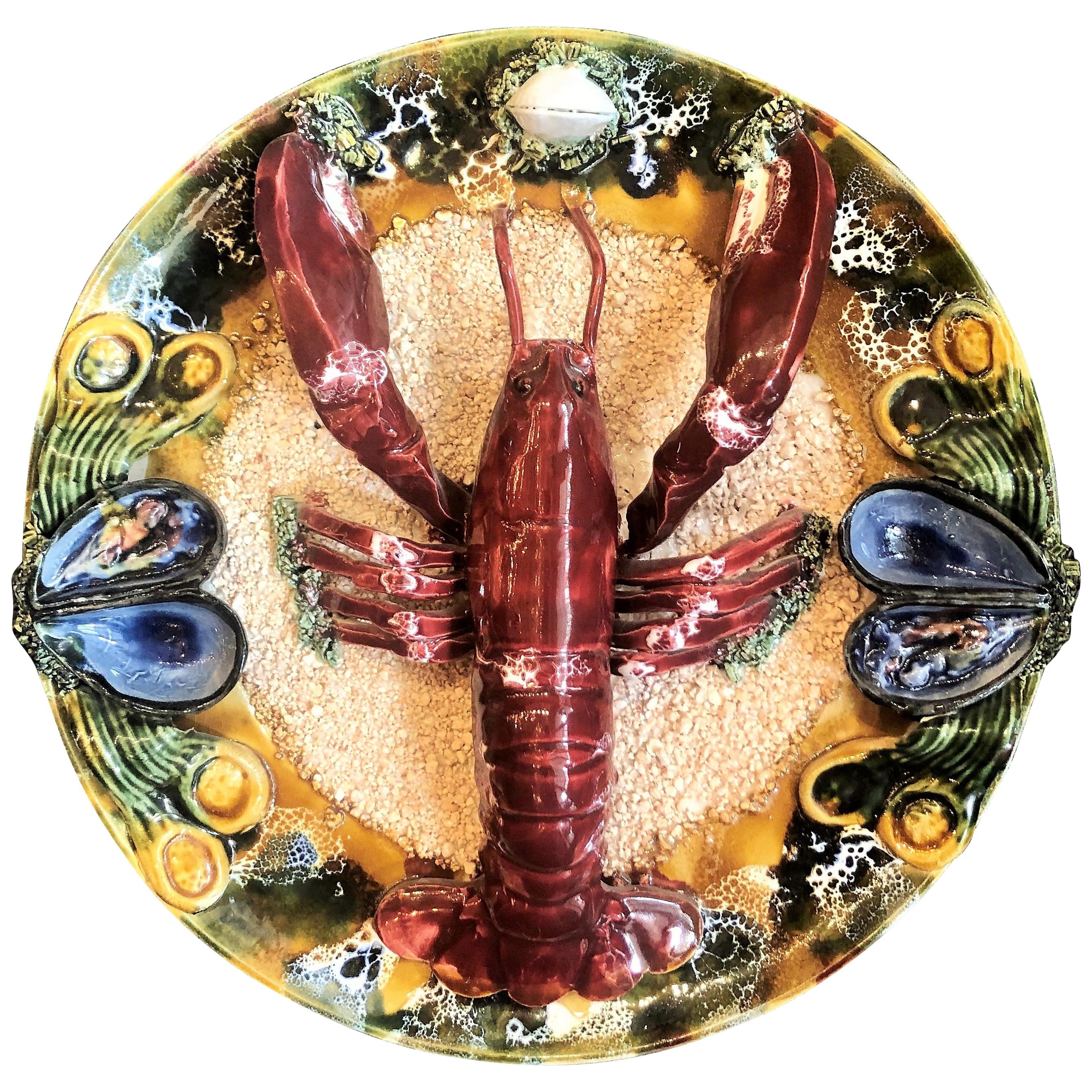 Estate Portuguese Hand Painted Majolica Seafood Plates, Lobster Design
