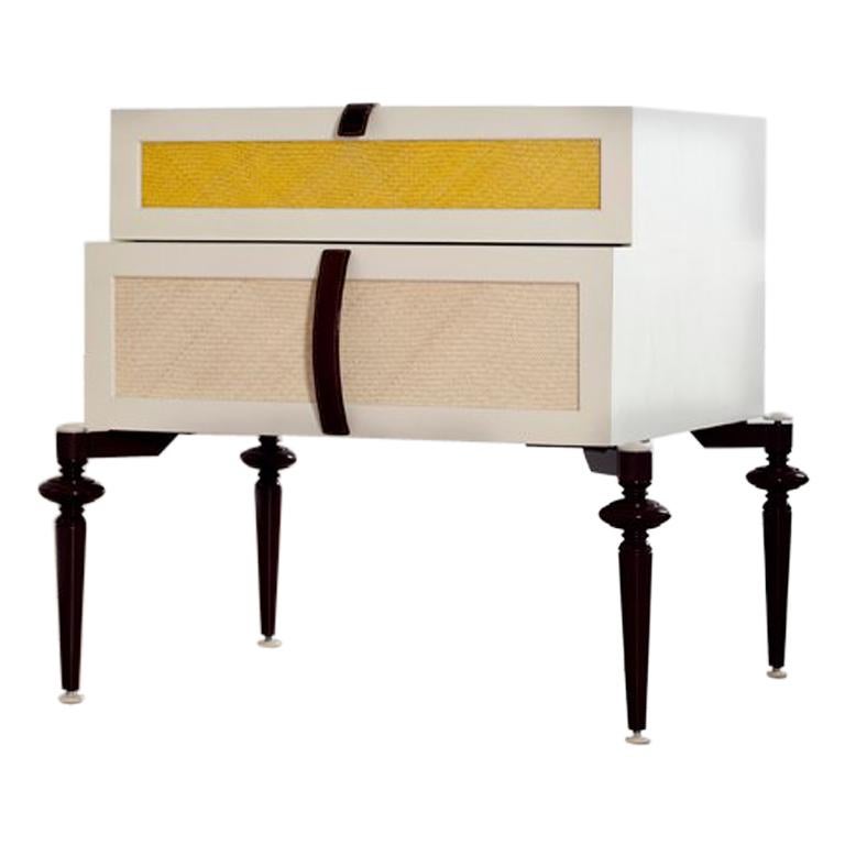 Set of 2 Contemporary Lacquer Wood with Panels of Woven Straw Nightstands For Sale