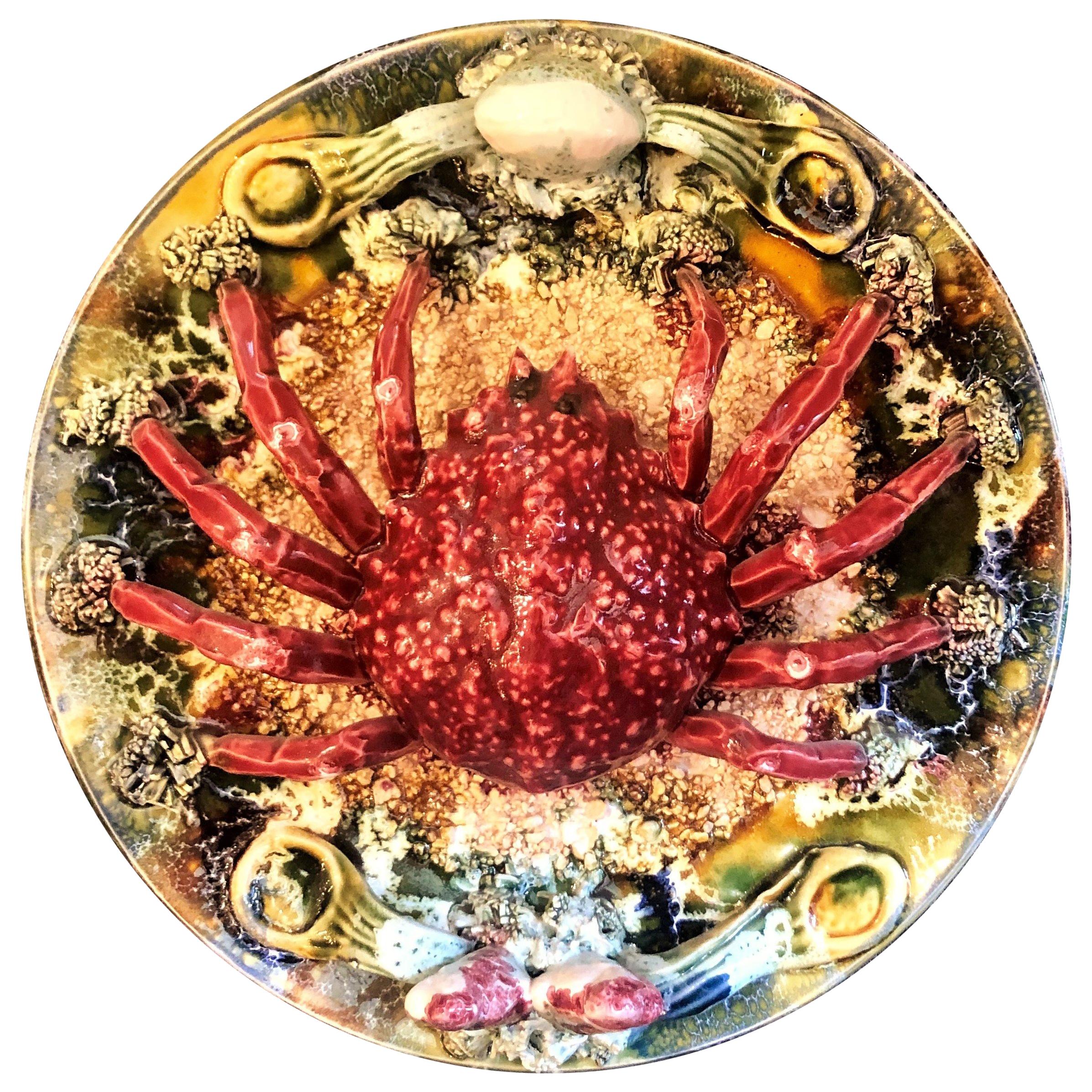Estate Portuguese Hand Painted Majolica Seafood Plates, Crab Design