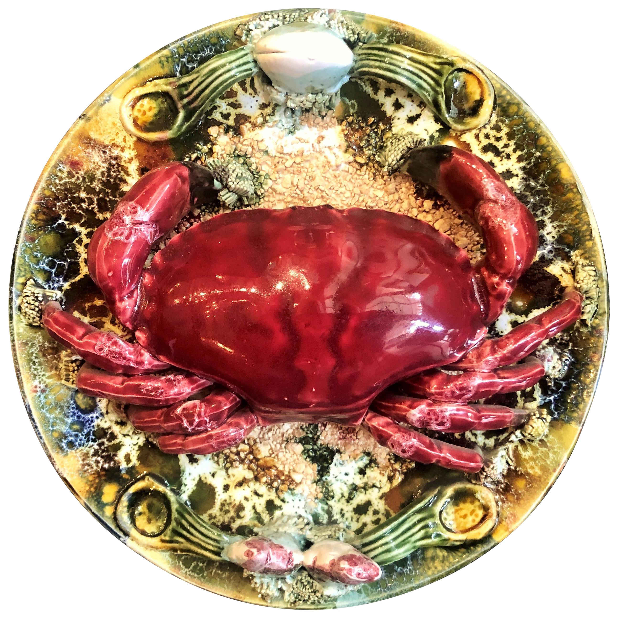 Estate Portuguese Hand Painted Majolica Seafood Plates, Small Crab Design