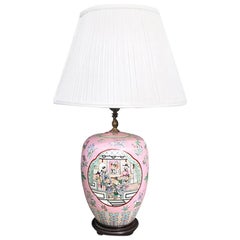 Abat-jour en céramique asiatique rose Famille Rose Chinoiserie avec jarre à gingembre, exporté de Qing