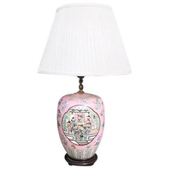 Pink Famille Rose Chinoiserie Asian Ceramic Ginger Jar Lamp Shade Qing Export