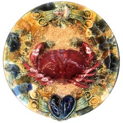 Estate Portuguese Hand Painted Majolica Seafood Plates, Large Crab Design