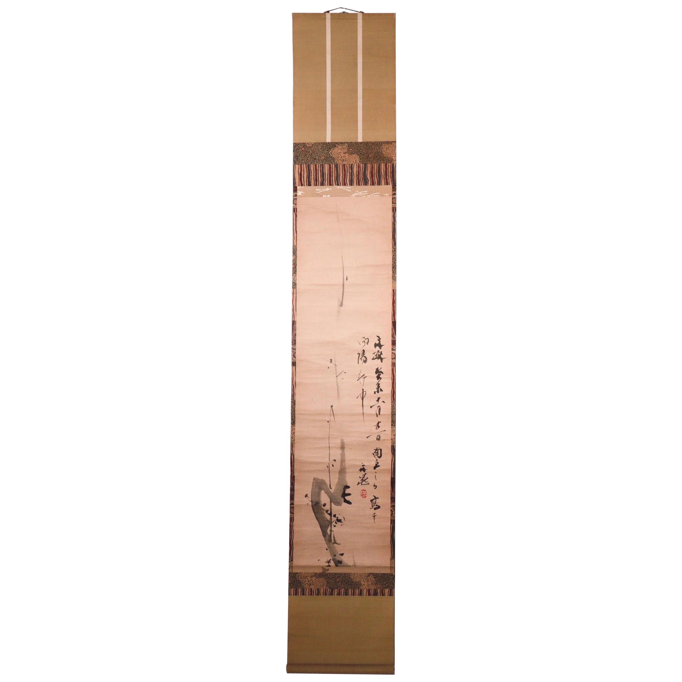 Japanese Ink Painting of Plum Blossoms Inscribed Tani Buncho, Scroll Mounting For Sale