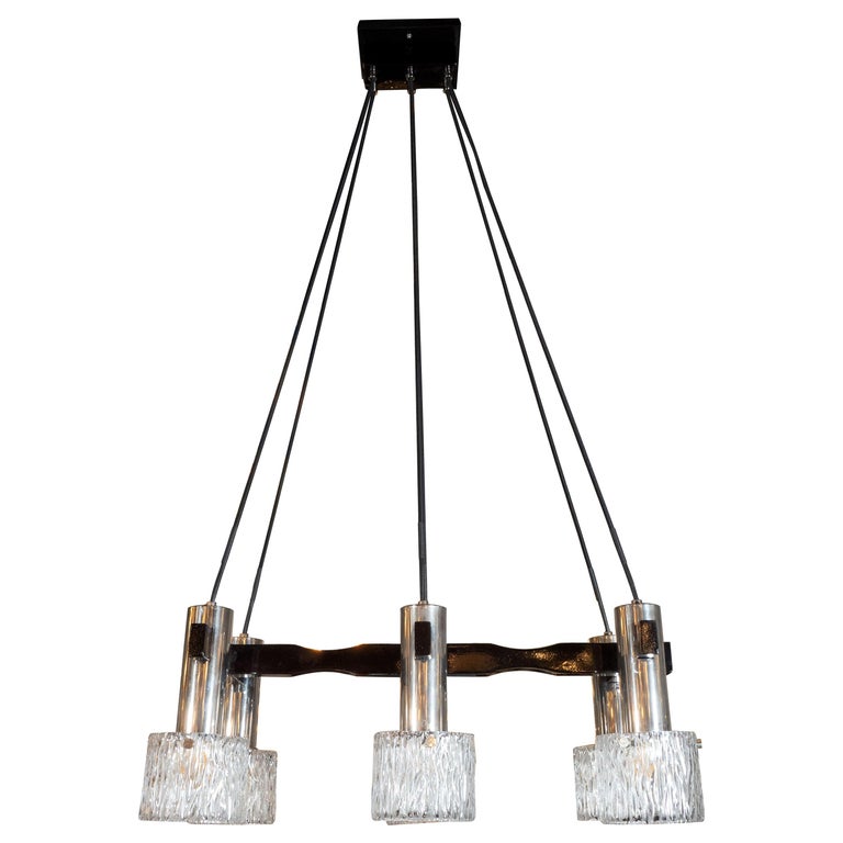 Mid Century Modern Black Lacquer Chrome And Textured Glass Six Globe Chandelier
