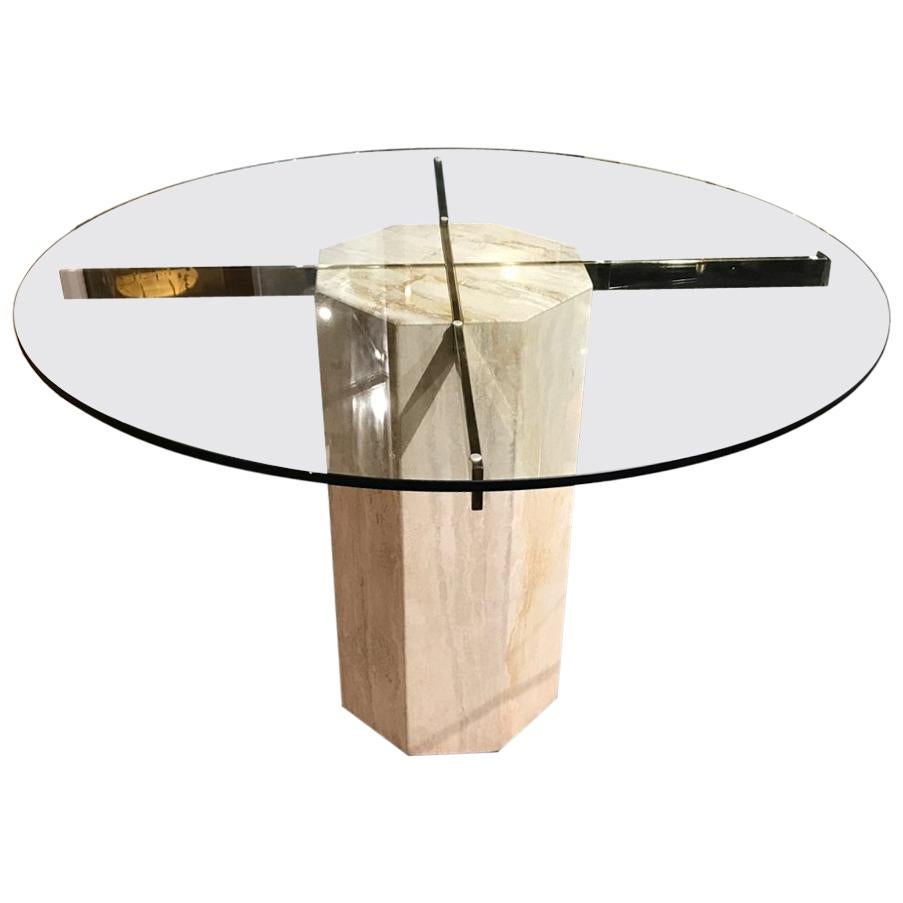 Hollywood Regency Travertine, Brass and Glass Dining Table, circa 1980s