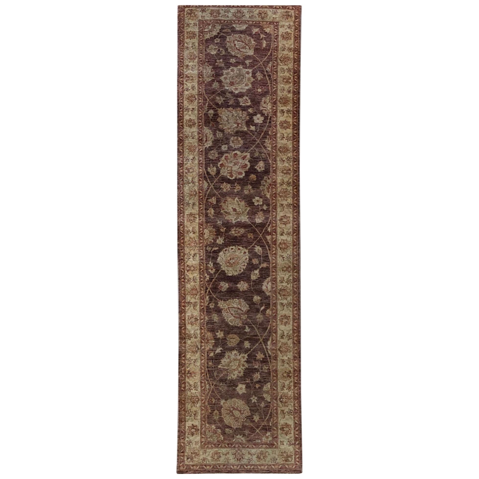 Pakistan Hand Knotted All Over Brown Peshawar Runner Rug For Sale