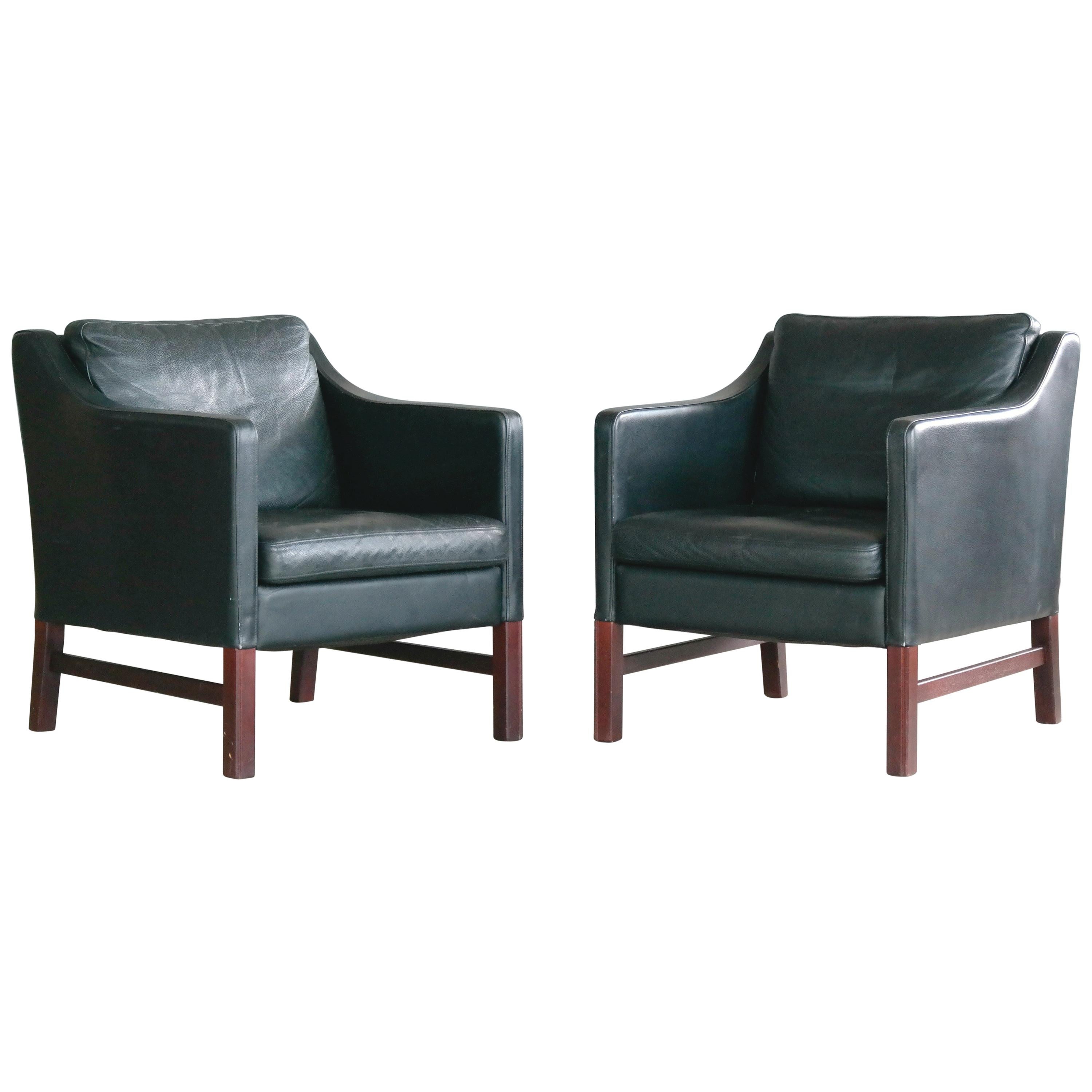 Børge Mogensen Style Pair Danish Black Leather Lounge Chairs by Takashi Okamura