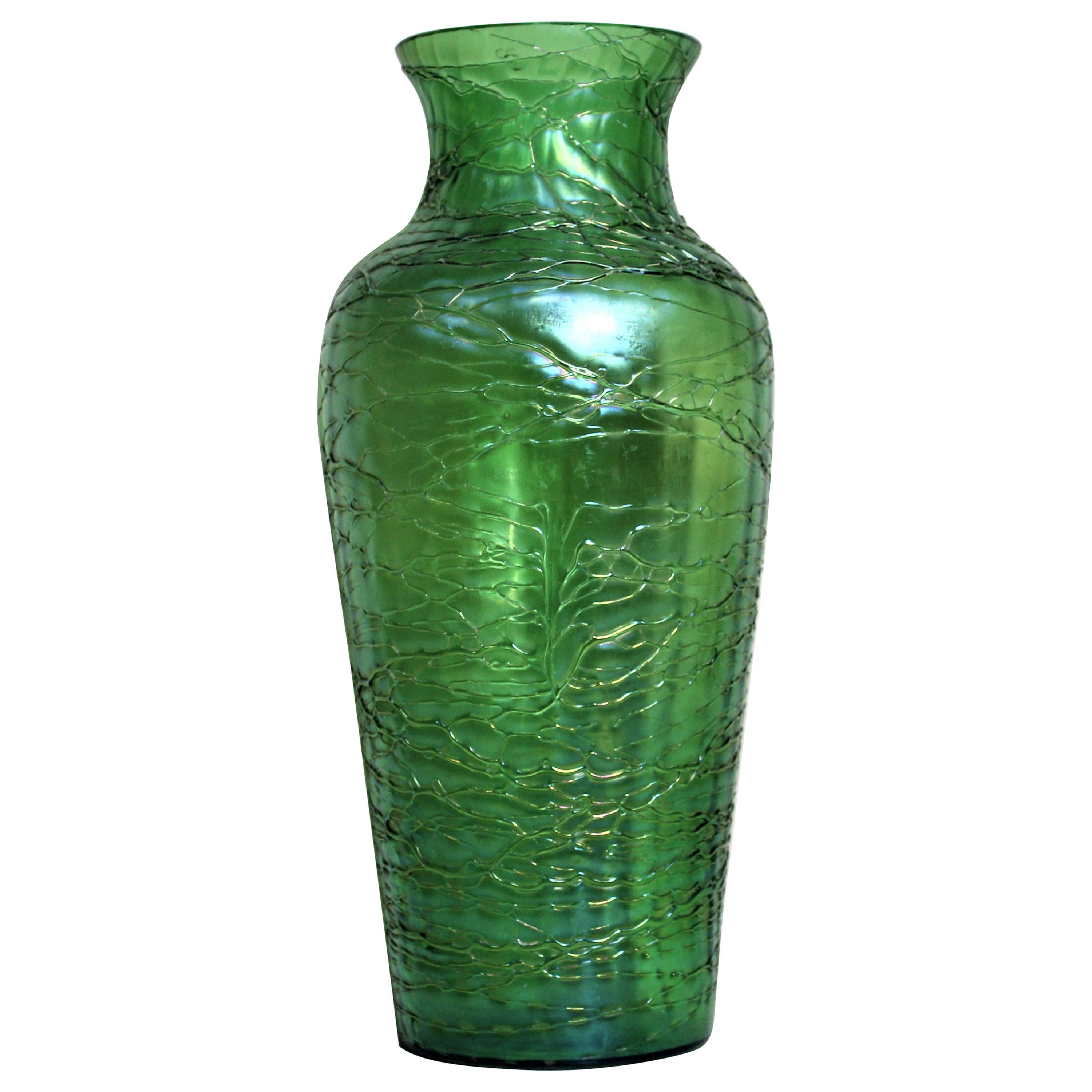 Loetz  Large Green Iridescent Threaded Art Glass Vase