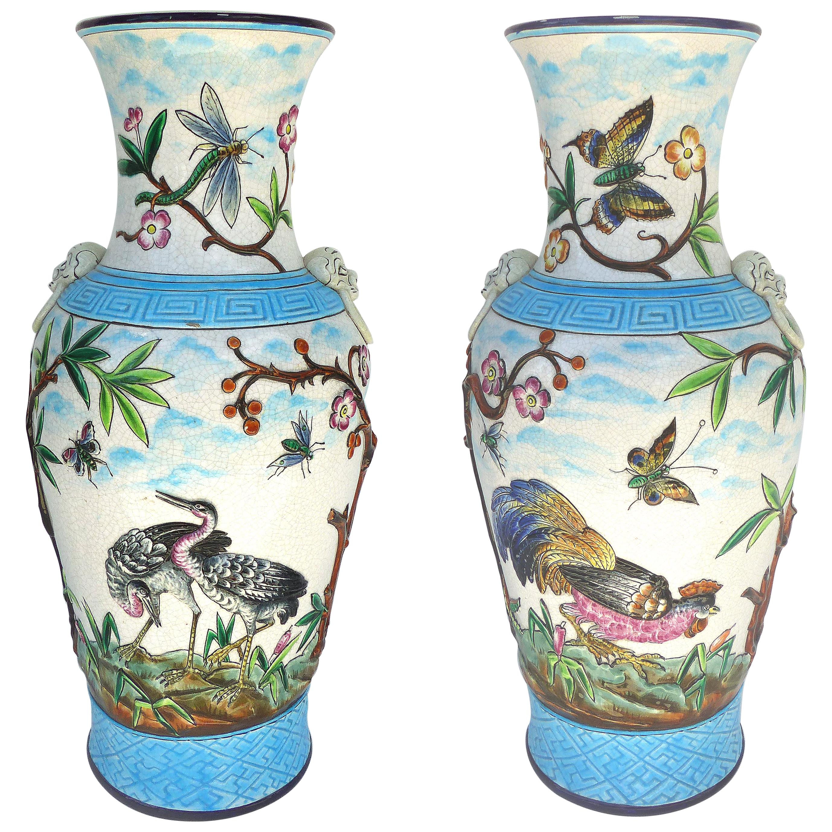 Longwy Enamel Vases in High Relief, circa 1885