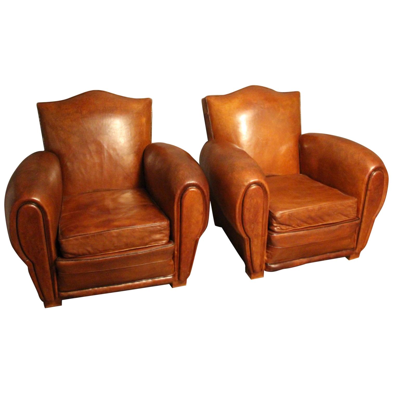 Pair of 1930s French Leather Club Chairs, Moustache Back