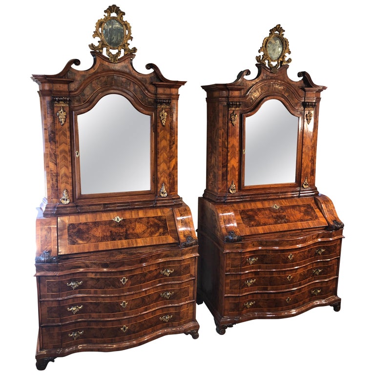 18th Century Pair of Italian Louis XV Walnut Cabinet Secretaires Trumeau 1750s For Sale