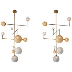 Pair of Brass Angular Chandeliers with Glass Globes