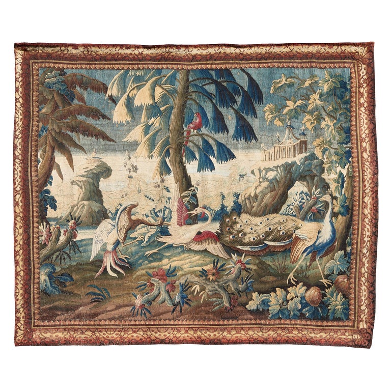 French Aubusson Tapestry with Exotic Birds in a Mythical Landscape