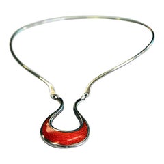 Silver Necklace with Red Enameled Pendant by Pekka Piekäinen 1977, Finland