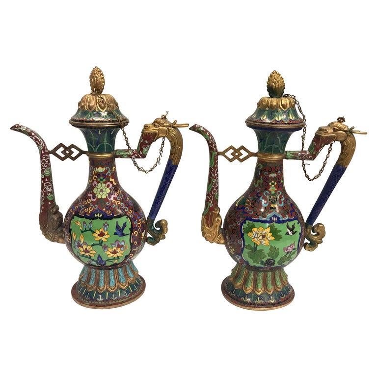 Pair of Chinese Cloisonné Ewers Pitchers Decanters For Sale at 1stDibs