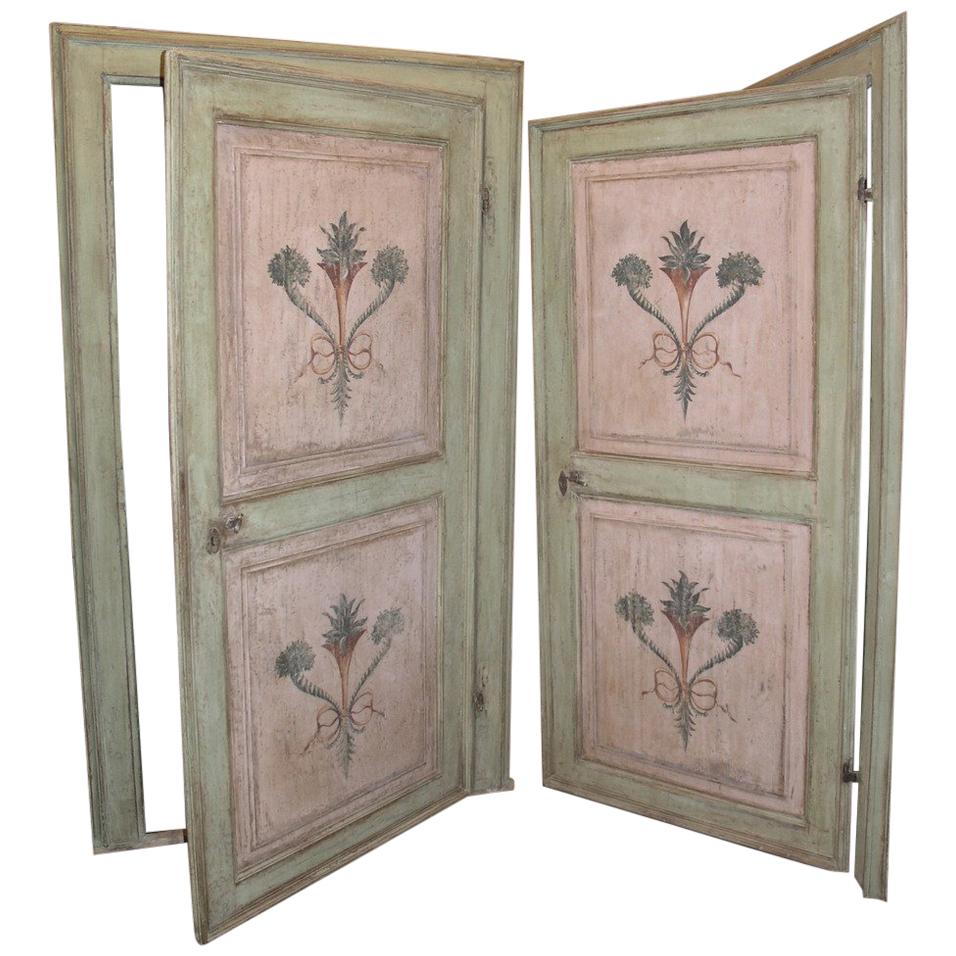 18th Century N.2 Antiques Doors Green and Pink with Frames, Hand-Painted, Italy For Sale