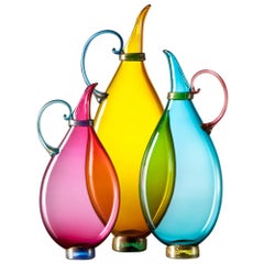 Turquoise, Topaz, Ruby Set of 3 Colorful Hand Blown Glass Decanters, Vetro Vero