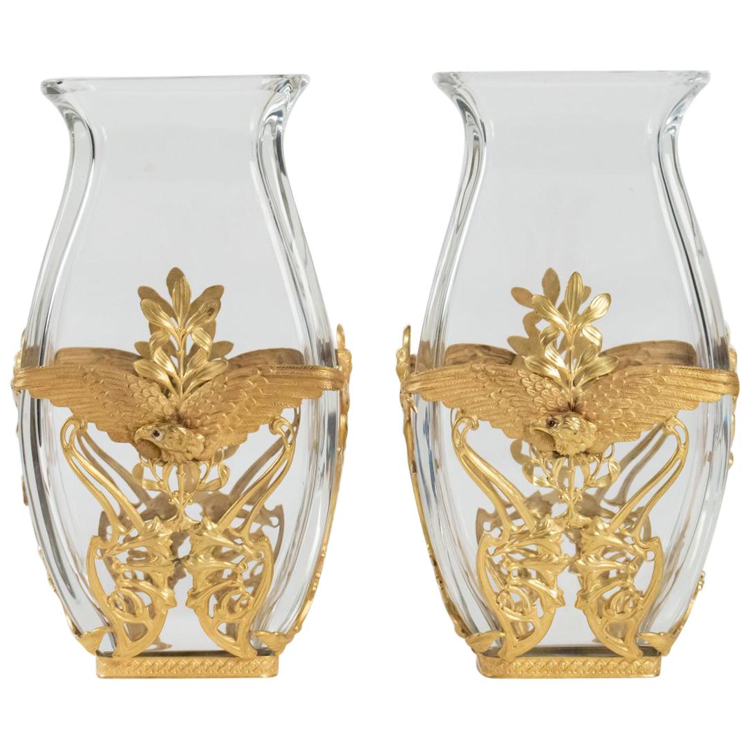 Pair of Crystal Vases and Mounted Brass Chiseled and Gilded, Large Decoration
