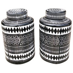 Graphic Black and White Canister Jars, Pair