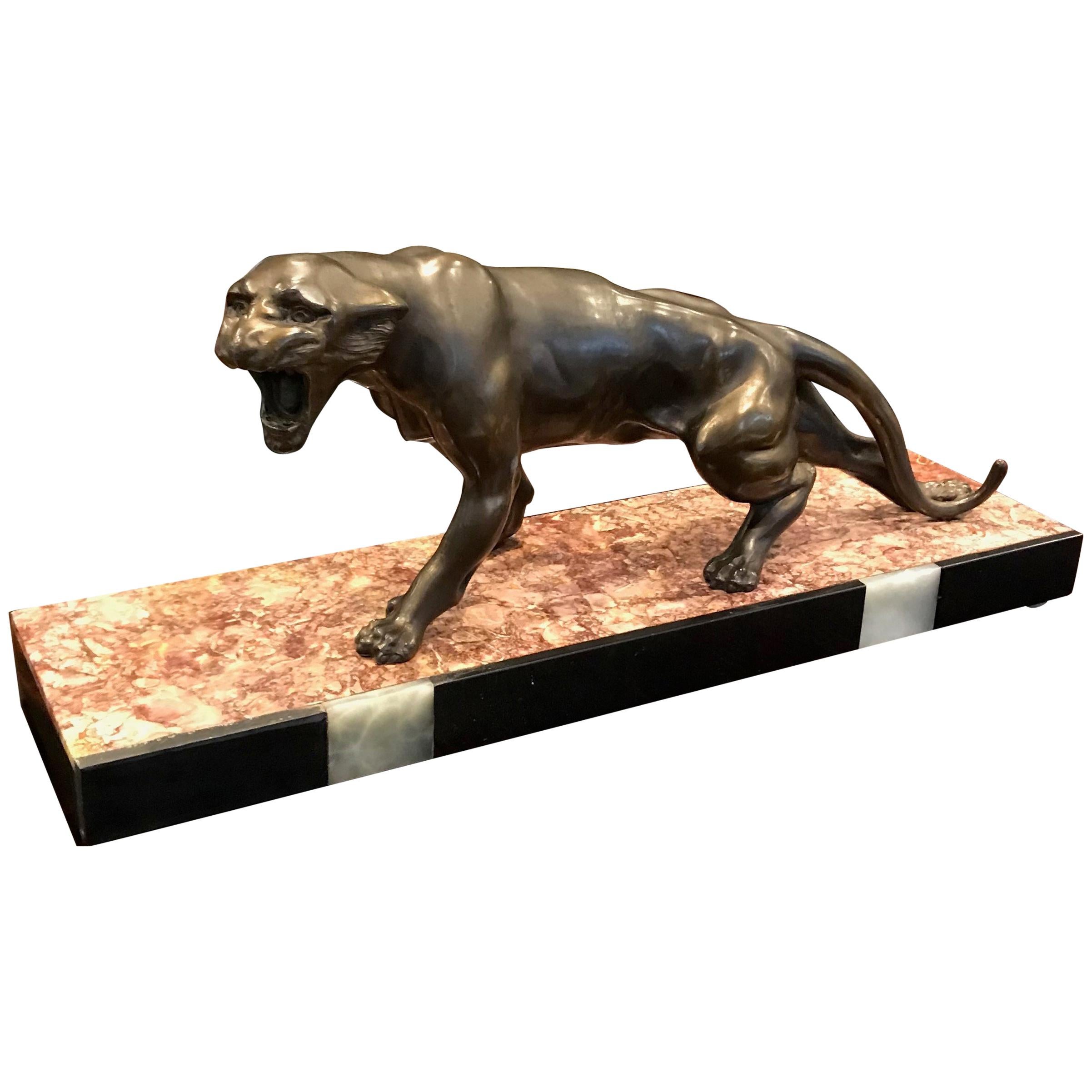 Art Deco Panther Sculpture on Marble Base