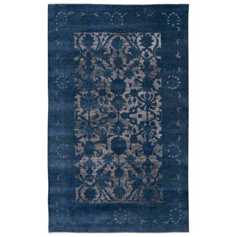 Contemporary Blue Overdyed Sculpted Wool Area Rug For Sale at 1stdibs