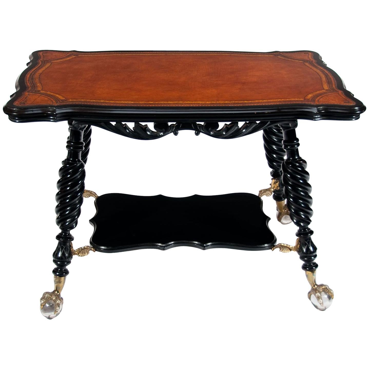Unusual Antique Ebonized and Leathered Table