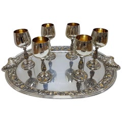 20th Century Italian Sterling Silver Six Beakers with Silver 800 Tray
