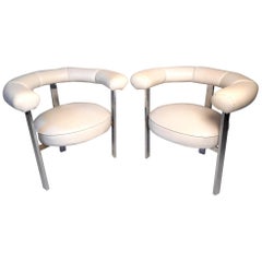 Retro Pair of Midcentury Faux-Leather and Chrome Barrel-Back Chairs