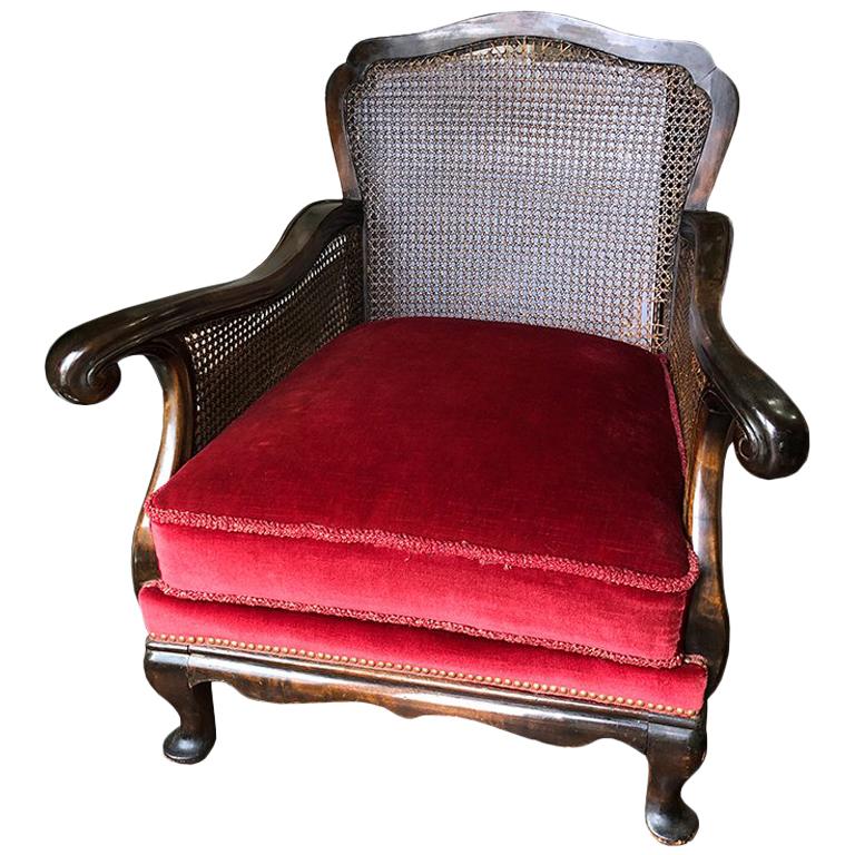 Red Velvet Carved Bergère Armchair Louis XIV Cane Back Classical French Country
